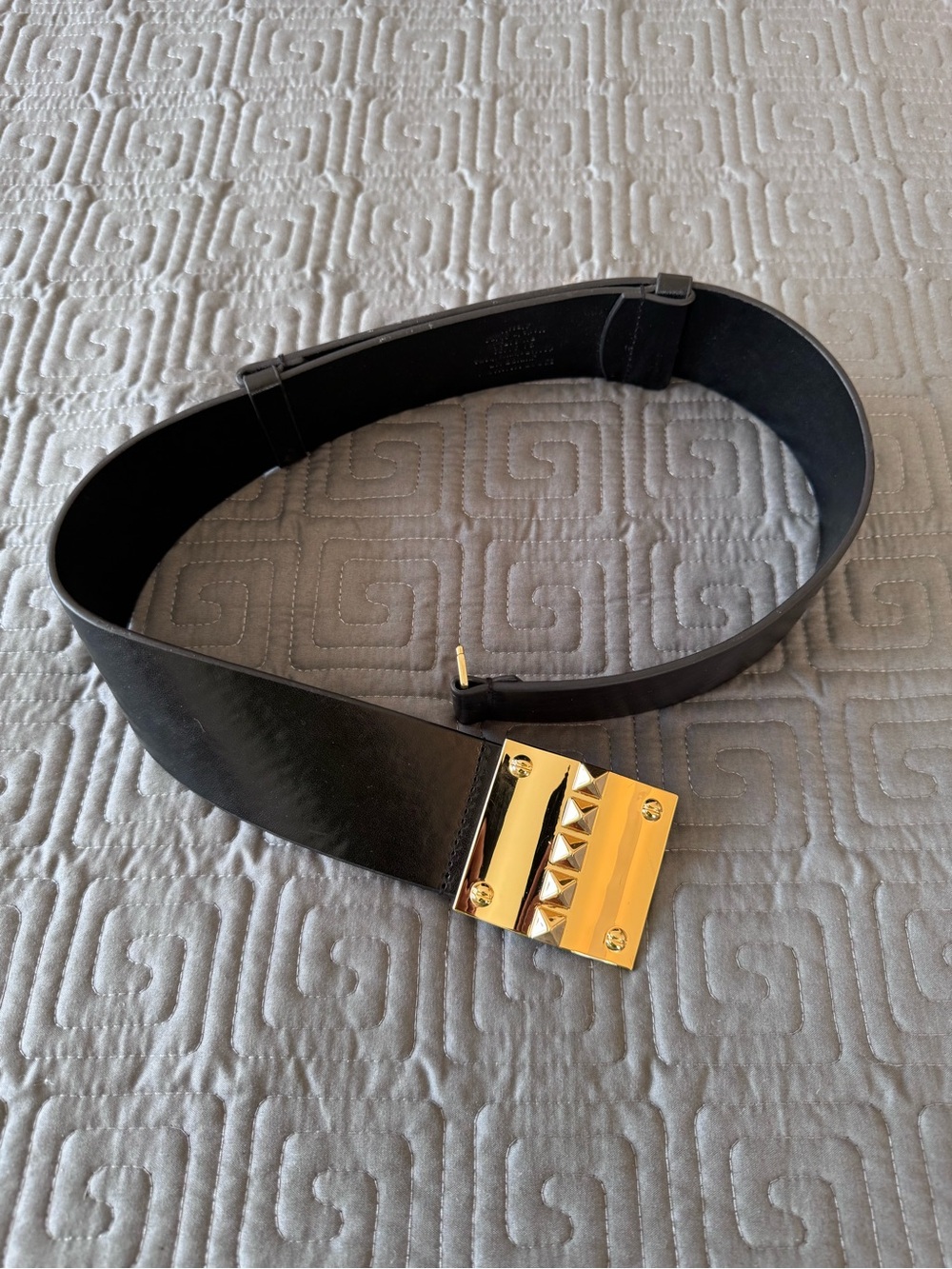 Black Adjustable BCBG Belt with Gold Pyramid Buckle